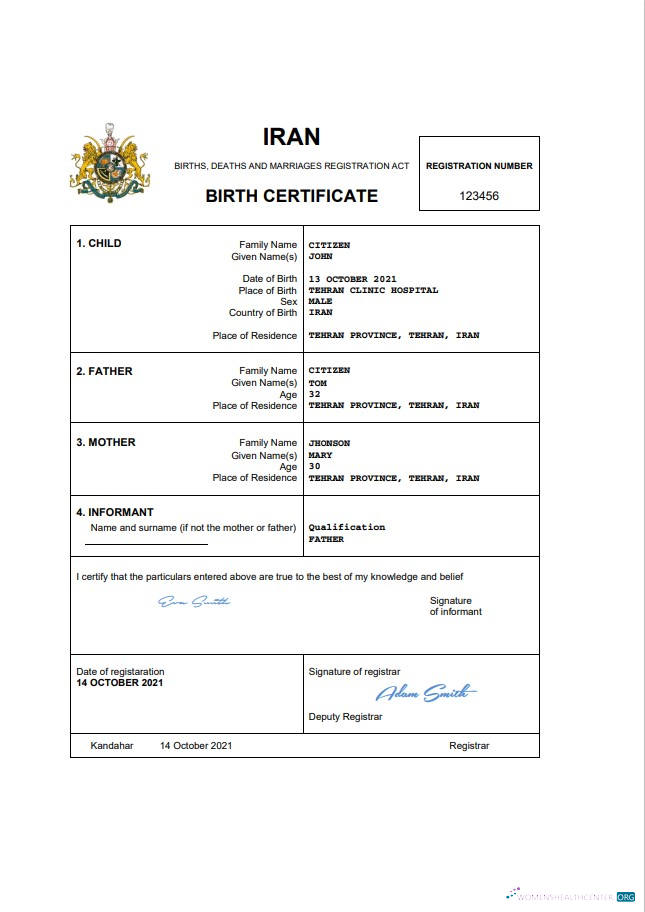 Download Iran vital record birth certificate Word and PDF template Photoshop template
